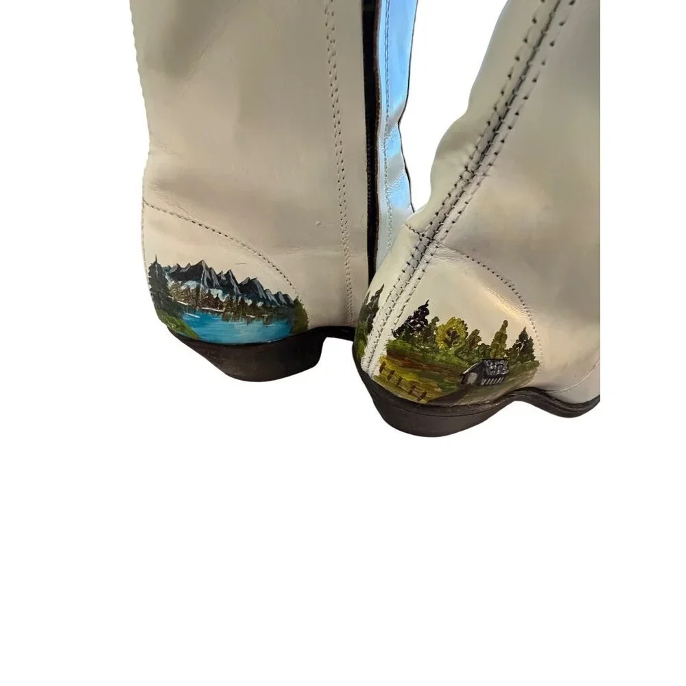 Sears Vintage Mens Hand Painted Coyote Boots Size 8 D Cream Leather Western OOAK